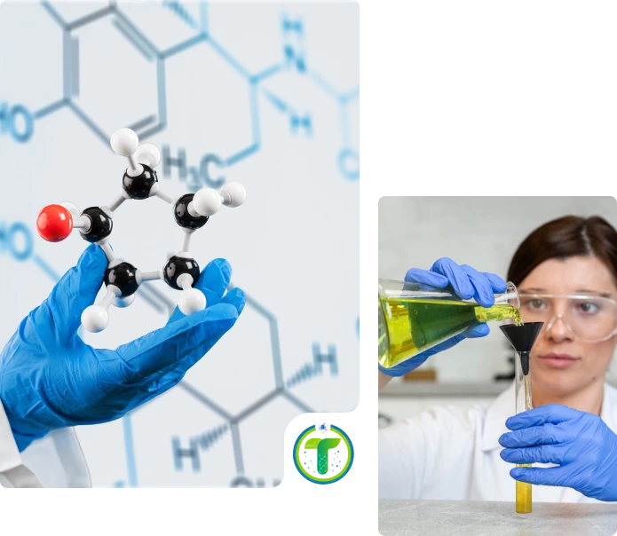 Gloved hand holding molecular model and scientist pouring green chemical.