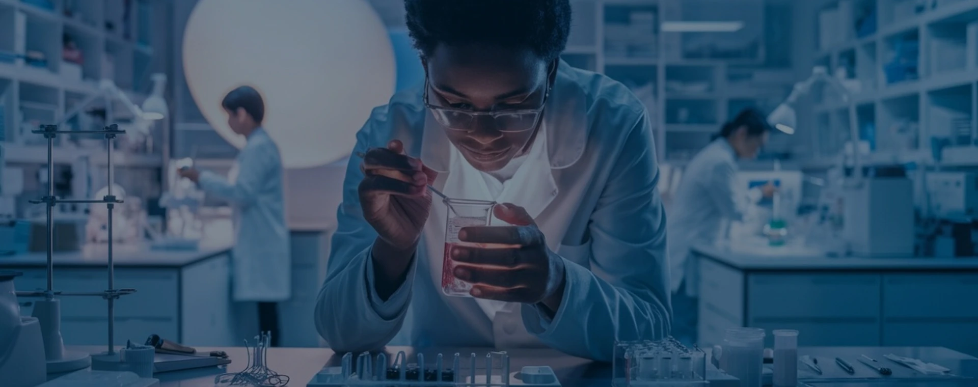 Scientist conducting chemical research in a modern laboratory environment.